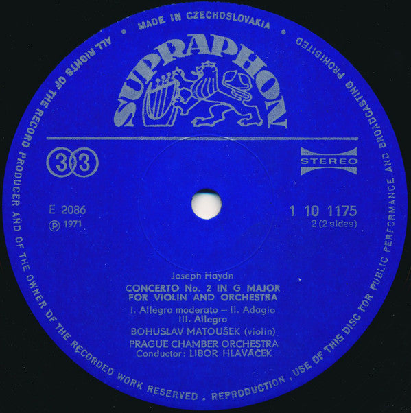 Joseph Haydn, Bohuslav Matoušek, Prague Chamber Orchestra, Libor Hlaváček : Violin Concertos (LP)