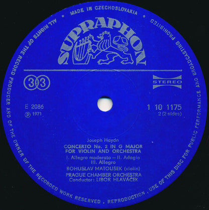 Joseph Haydn, Bohuslav Matoušek, Prague Chamber Orchestra, Libor Hlaváček : Violin Concertos (LP)