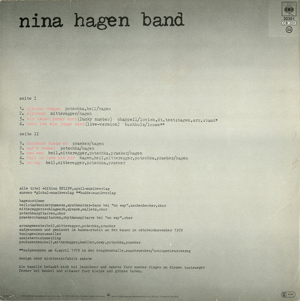 Nina Hagen Band : Unbehagen (LP, Album, RE)