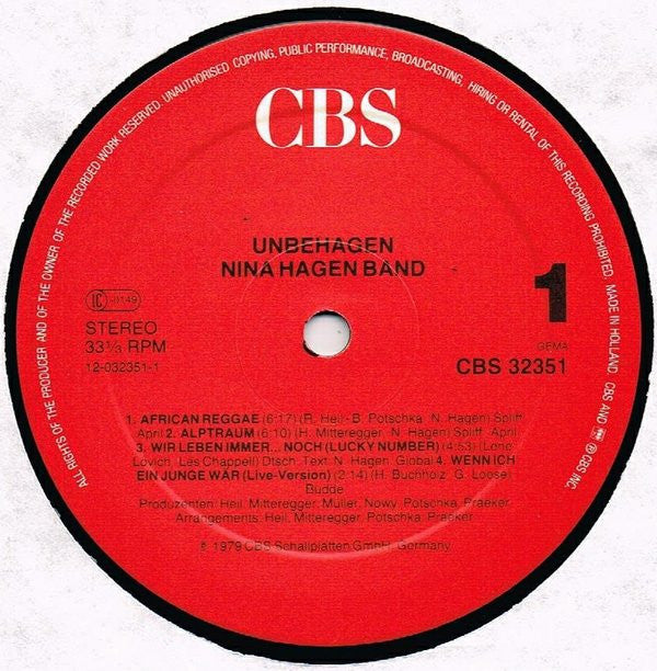 Nina Hagen Band : Unbehagen (LP, Album, RE)