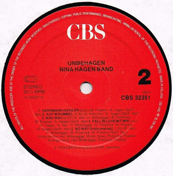 Nina Hagen Band : Unbehagen (LP, Album, RE)