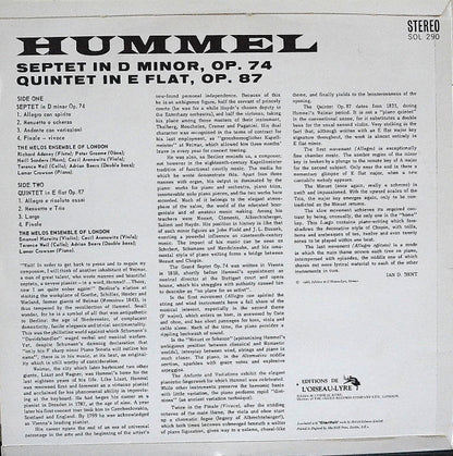 Johann Nepomuk Hummel, Melos Ensemble Of London : Septet In D Minor, Op. 74 / Quintet In E Flat, Op. 87 (LP)