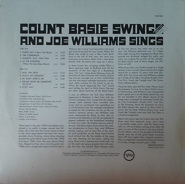Count Basie / Joe Williams : Count Basie Swings--Joe Williams Sings (LP, Album, RE)