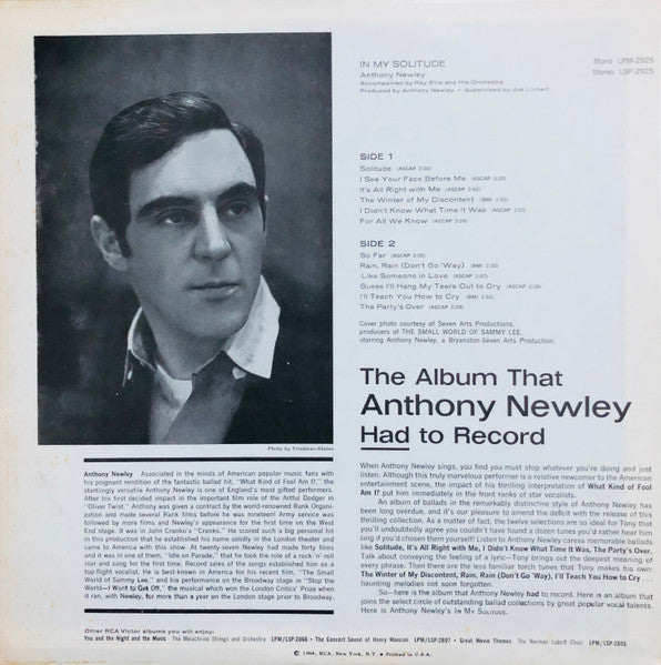 Anthony Newley Accompanied by Ray Ellis And His Orchestra : In My Solitude (LP, Album, RE, Ora)