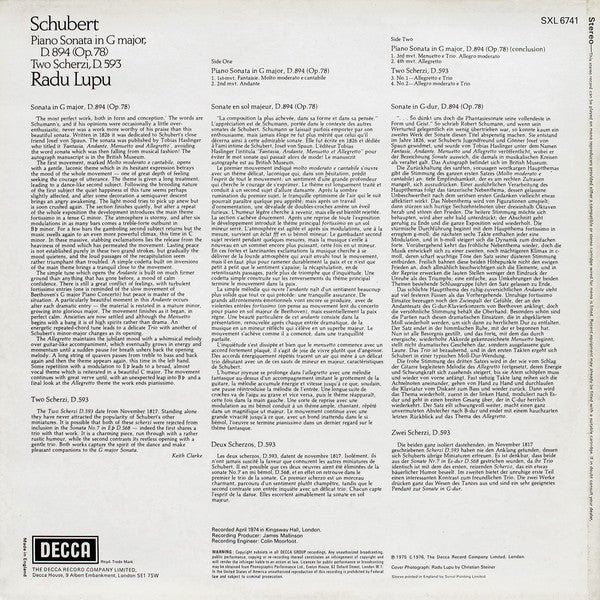 Franz Schubert, Radu Lupu : Piano Sonata In G Major, D. 894 (Op. 78) / Two Scherzi, D. 593 (LP)