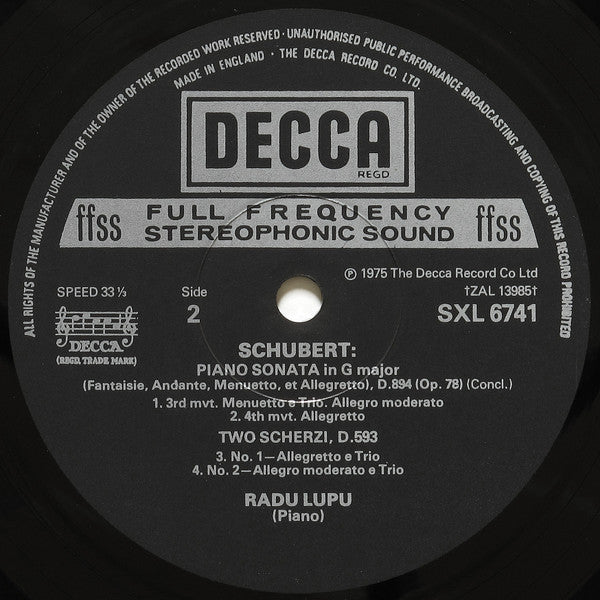 Franz Schubert, Radu Lupu : Piano Sonata In G Major, D. 894 (Op. 78) / Two Scherzi, D. 593 (LP)