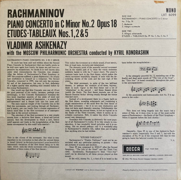 Sergei Vasilyevich Rachmaninoff, Kiril Kondrashin, Moscow Philharmonic Orchestra, Vladimir Ashkenazy : Second Piano Concerto (LP, Mono)