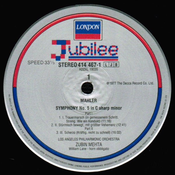 Gustav Mahler - Zubin Mehta, Los Angeles Philharmonic Orchestra : Symphony No. 5 (LP, Album, RM)