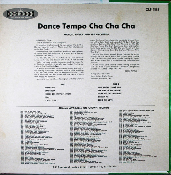 Manuel Rivera And His Orchestra : Dance Tempo Cha Cha Cha (LP, Album, Mono)