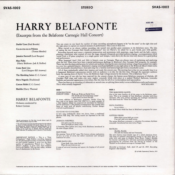 Harry Belafonte : Excerpts From The Belafonte Carnegie Hall Concert (LP, Album)