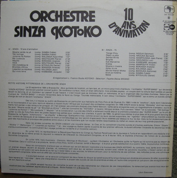 Orchestre Sinza : 10 Ans D'animation (LP, Comp)