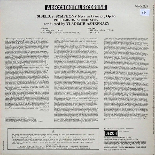 Jean Sibelius, Vladimir Ashkenazy, Philharmonia Orchestra : Symphony No.2 (LP)