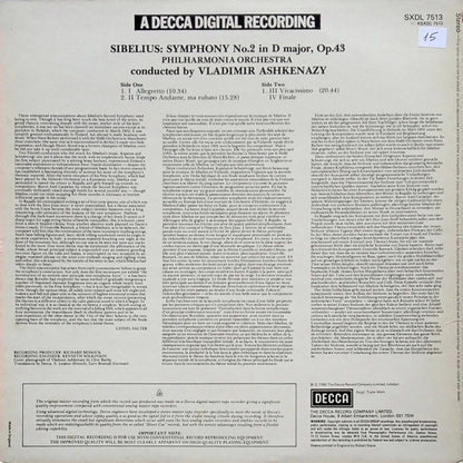 Jean Sibelius, Vladimir Ashkenazy, Philharmonia Orchestra : Symphony No.2 (LP)