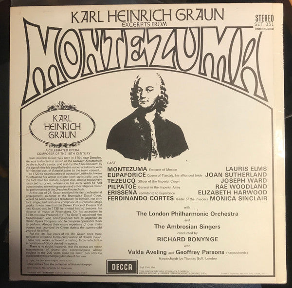 Carl Heinrich Graun, Joan Sutherland, Lauris Elms, Elizabeth Harwood, Rae Woodland, Monica Sinclair, Joseph Ward, London Philharmonic Orchestra, Richard Bonynge : Excerpts From Montezuma (LP, Album)