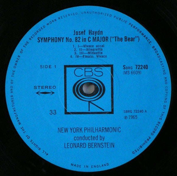 Joseph Haydn, New York Philharmonic, Leonard Bernstein : Symphony No. 82 "The Bear", Symphony No. 83 "The Hen" (LP, Album)