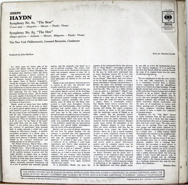 Joseph Haydn, New York Philharmonic, Leonard Bernstein : Symphony No. 82 "The Bear", Symphony No. 83 "The Hen" (LP, Album)