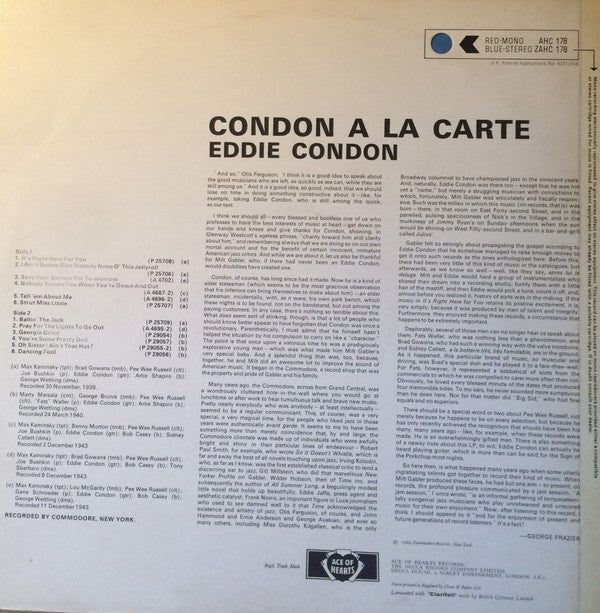 Eddie Condon : Condon A La Carte (LP, Comp, RE, blu)