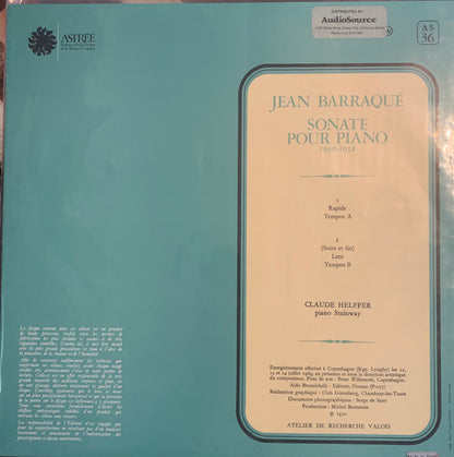 Jean Barraqué, Claude Helffer : Sonate Pour Piano 1950-1952 (LP, Album, RE)