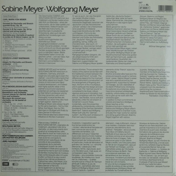 Sabine Meyer, Wolfgang Meyer (3) : Works for Clarinet and Orchestra (Weber, Baermann, Mendelssohn) (LP, Album)