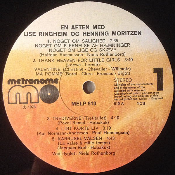 Lise Ringheim Og Henning Moritzen : En Aften Med Lise Ringheim Og Henning Moritzen (LP, Album, Liv)