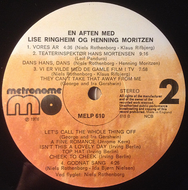Lise Ringheim Og Henning Moritzen : En Aften Med Lise Ringheim Og Henning Moritzen (LP, Album, Liv)