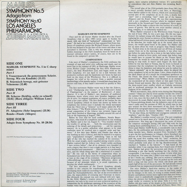 Gustav Mahler, Los Angeles Philharmonic Orchestra, Zubin Mehta : Symphony No. 5 / Adagio From Symphony No. 10 (2xLP)