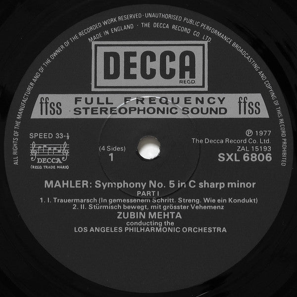 Gustav Mahler, Los Angeles Philharmonic Orchestra, Zubin Mehta : Symphony No. 5 / Adagio From Symphony No. 10 (2xLP)