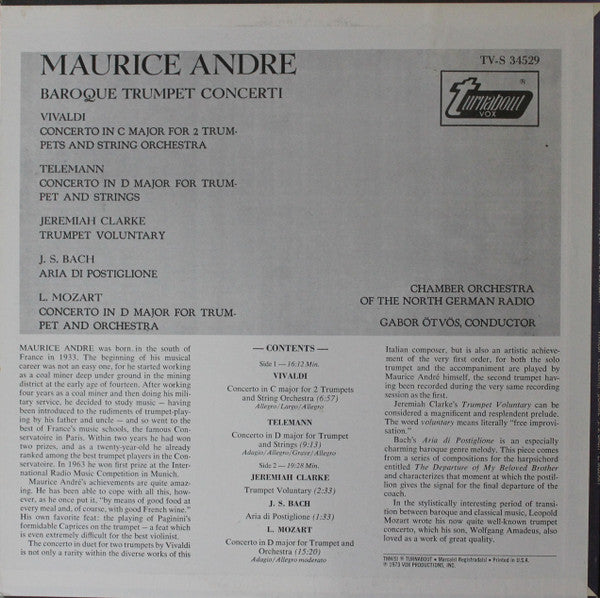 Maurice André - Kammerorchester Des Norddeutschen Rundfunks, Gabor Ötvös : Baroque Trumpet Concerti (LP)