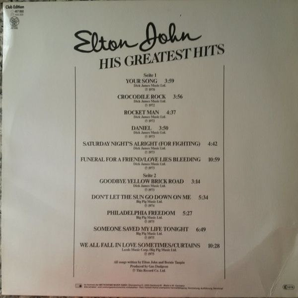 Elton John : His Greatest Hits (LP, Comp, Club)