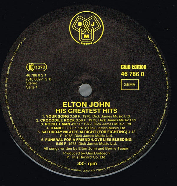 Elton John : His Greatest Hits (LP, Comp, Club)