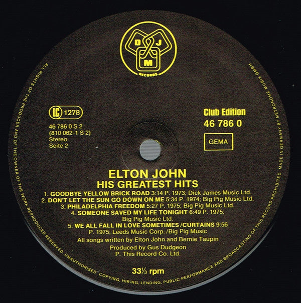 Elton John : His Greatest Hits (LP, Comp, Club)