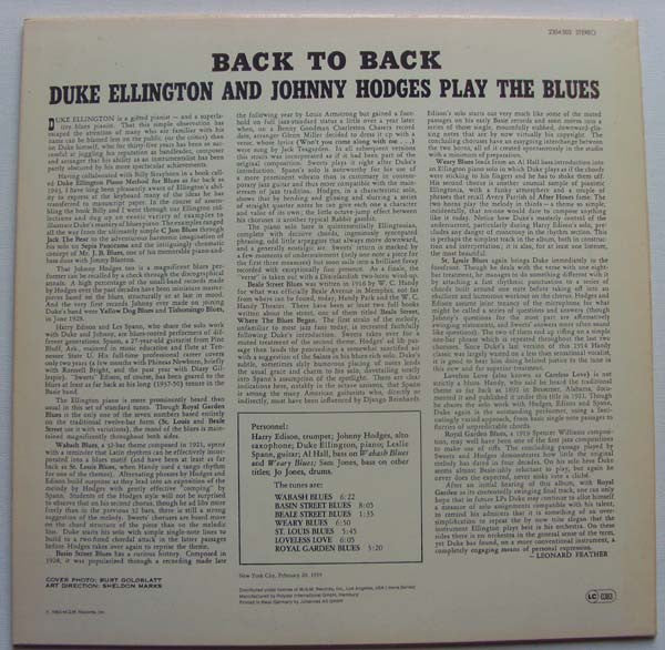 Duke Ellington & Johnny Hodges : Back To Back (Duke Ellington And Johnny Hodges Play The Blues) (LP, Album, RE)