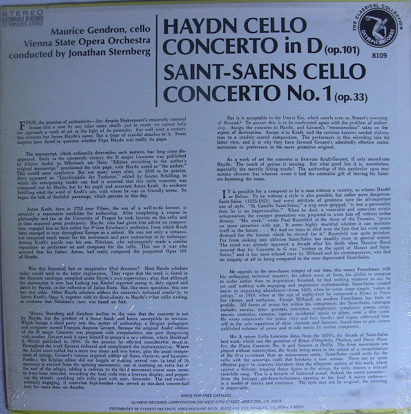 Joseph Haydn, Camille Saint-Saëns, Maurice Gendron, Orchester Der Wiener Staatsoper Conducted By Jonathan Sternberg : Cello Concerto In D (Op. 101) / Cello Concerto No. 1 (Op. 33) (LP, Album)