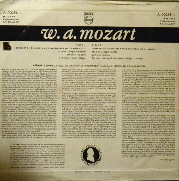 Wolfgang Amadeus Mozart, Arthur Grumiaux, Bernhard Paumgartner, Wiener Symphoniker : Concertos For Violin & Orchestra N°2, K. 211 & N°5, K. 219 (LP, Mono, Min)