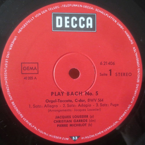 Jacques Loussier, Christian Garros, Pierre Michelot : Play Bach No. 5 (LP, Album, RE)