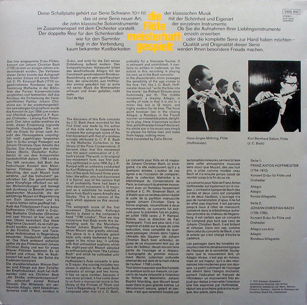 Hans-Jürgen Möhring / Karl-Bernhard Sebon / Kölner Kammerorchester / Helmut Müller-Brühl - Franz Anton Hoffmeister / Johann Christian Bach : Die Flöte - Meisterhaft Gespielt: Konzert D-dur Für Flöte Und Orchester / Konzert D-dur Für Flöte Und Orchester (LP)