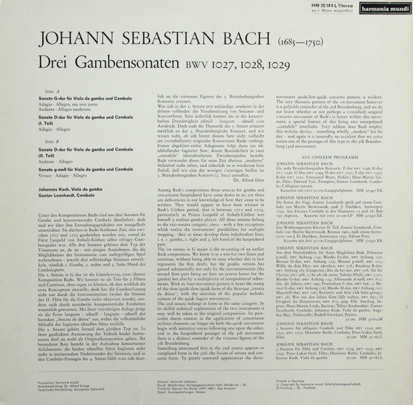 Johann Sebastian Bach - Johannes Koch, Gustav Leonhardt : Drei Sonaten Für Viola Da Gamba Und Cembalo BWV 1027 · 1028 · 1029 (LP, Album)