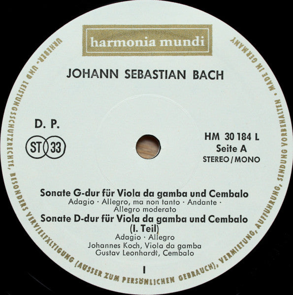 Johann Sebastian Bach - Johannes Koch, Gustav Leonhardt : Drei Sonaten Für Viola Da Gamba Und Cembalo BWV 1027 · 1028 · 1029 (LP, Album)