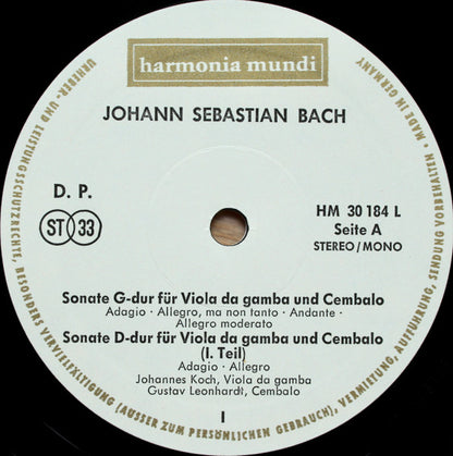 Johann Sebastian Bach - Johannes Koch, Gustav Leonhardt : Drei Sonaten Für Viola Da Gamba Und Cembalo BWV 1027 · 1028 · 1029 (LP, Album)