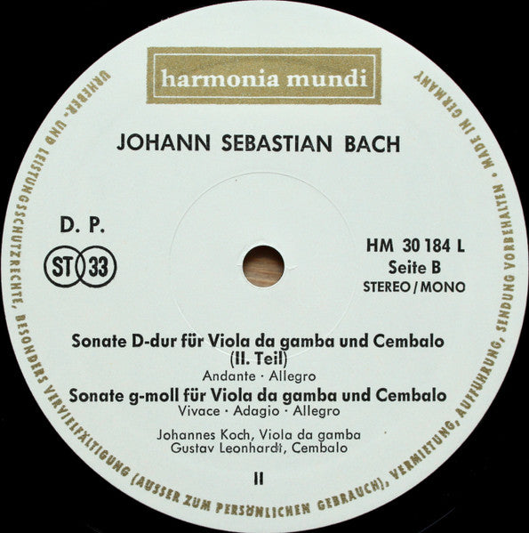 Johann Sebastian Bach - Johannes Koch, Gustav Leonhardt : Drei Sonaten Für Viola Da Gamba Und Cembalo BWV 1027 · 1028 · 1029 (LP, Album)