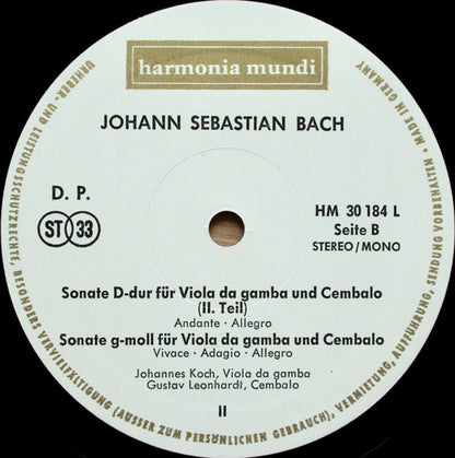 Johann Sebastian Bach - Johannes Koch, Gustav Leonhardt : Drei Sonaten Für Viola Da Gamba Und Cembalo BWV 1027 · 1028 · 1029 (LP, Album)