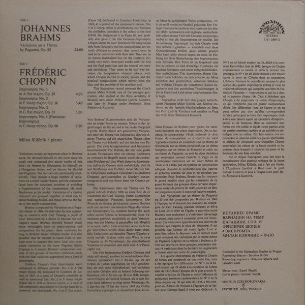 Johannes Brahms, Frédéric Chopin - Milan Klíčník : Paganini Variations / 4 Impromptus (LP)