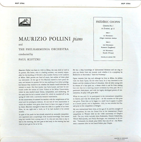 Maurizio Pollini, Philharmonia Orchestra Conducted By Paul Kletzki, Frédéric Chopin : Concerto No. 1 In E-Minor Opus 11 (LP, Mono)