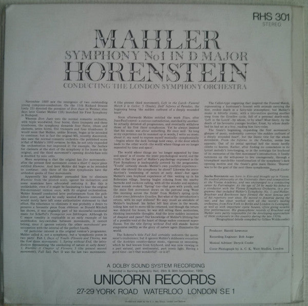 Gustav Mahler, Jascha Horenstein Conducting The London Symphony Orchestra : Symphony No1 In D Major (LP)