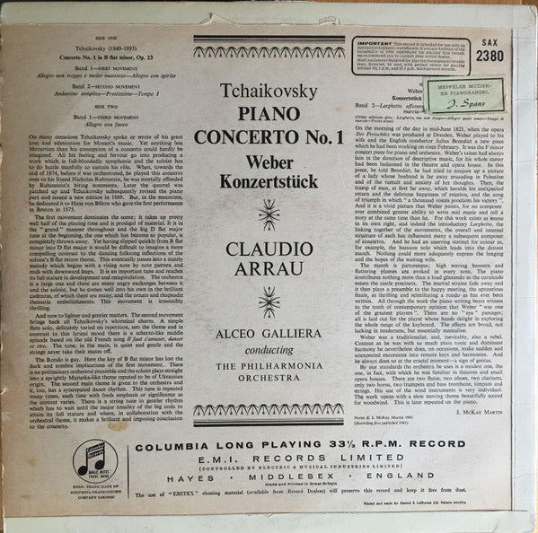 Pyotr Ilyich Tchaikovsky / Carl Maria von Weber, Claudio Arrau, Philharmonia Orchestra, Alceo Galliera : Tchaikovski: Piano Concerto No. 1 B Flat Minor Op. 23/ Weber: Piano Concero F Minor Op. 79 (LP)