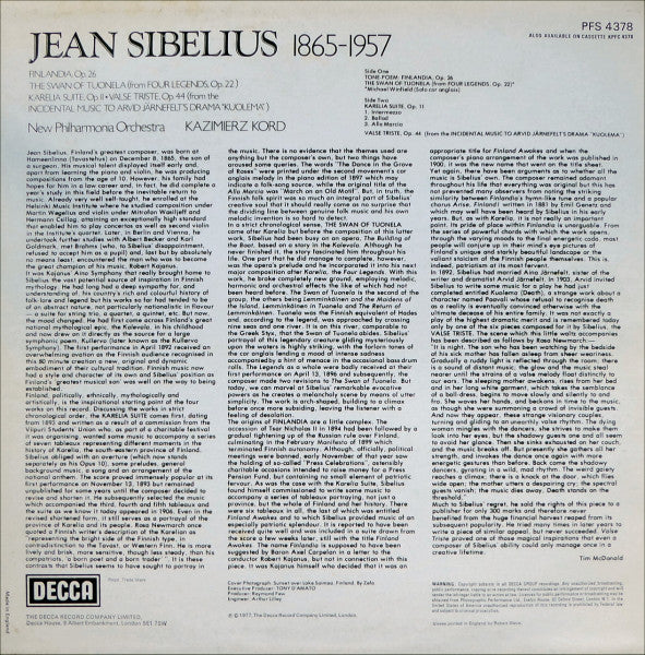 Jean Sibelius, Kazimierz Kord Conducting The New Philharmonia Orchestra : Finlandia • The Swan Of Tuonela • Karelia Suite • Valse Triste (LP, Album)