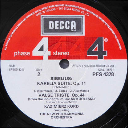 Jean Sibelius, Kazimierz Kord Conducting The New Philharmonia Orchestra : Finlandia • The Swan Of Tuonela • Karelia Suite • Valse Triste (LP, Album)
