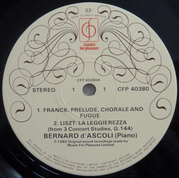 Bernard D'Ascoli : Bernard D'Ascoli Plays Liszt And Franck (LP, Album)