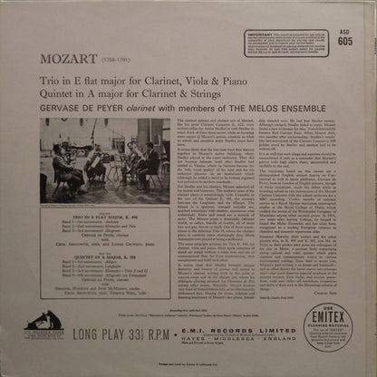 Wolfgang Amadeus Mozart, Gervase de Peyer, Melos Ensemble Of London : Trio In E Flat Major, K. 498 For Clarinet, Viola And Piano / Quintet In A Major, K. 581 For Clarinet And Strings (LP, RP, B/W)