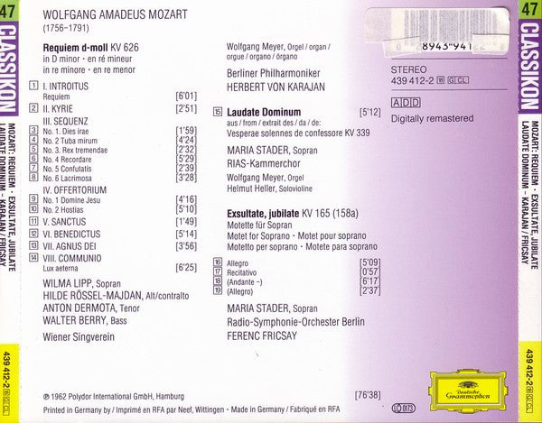 Wolfgang Amadeus Mozart : Requiem / Exsultate, Jubilate / Laudate Dominum (CD, Comp, RE, RM)